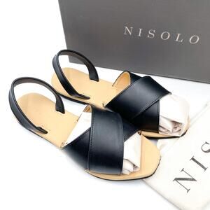 Nisolo All-Day Cross Strap Sandals Black Leather Slingback Flat Sz 6.5 Women's